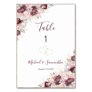 Burgundy Blush Peony and Roses Wedding Table Number