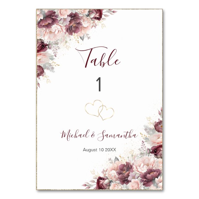 Burgundy Blush Peony and Roses Wedding Table Number (Front)