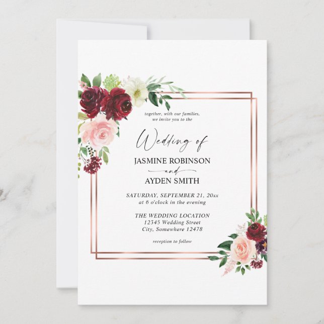 Burgundy & Blush Pink 4 Floral& Gold Frame Wedding Invitation (Front)