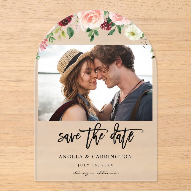Burgundy & Blush Pink 4 Floral Photo Save The Date Acrylic Invitations (Front)
