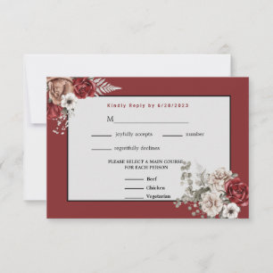 Burgundy, Blush Pink and White Roses Wedding RSVP Card