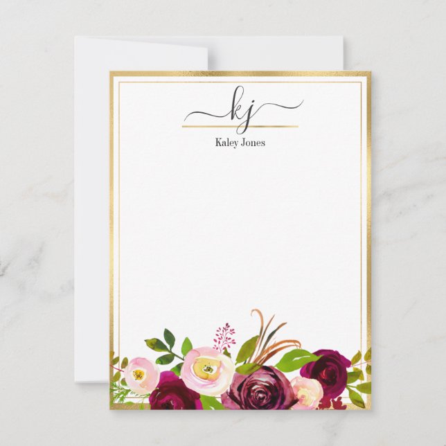 Burgundy Blush Pink Botanical Floral Monogram  Card (Front)
