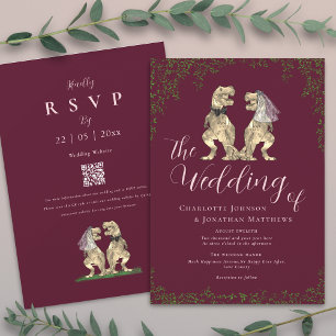 Burgundy & Blush Pink Dinosaur Wedding QR Code Invitation