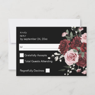 Burgundy & Blush Pink Floral 6 no Meal RSVP Black Card