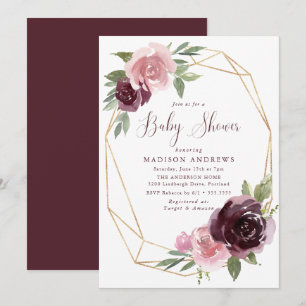 Burgundy & Blush Pink Floral   Baby Shower Invitation