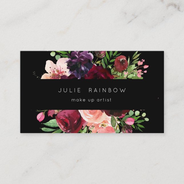 Burgundy & Blush Pink Floral - Black Business Card (Front)
