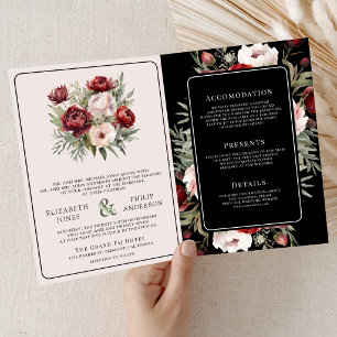 Burgundy Blush Pink Floral Black Moody Wedding Invitation