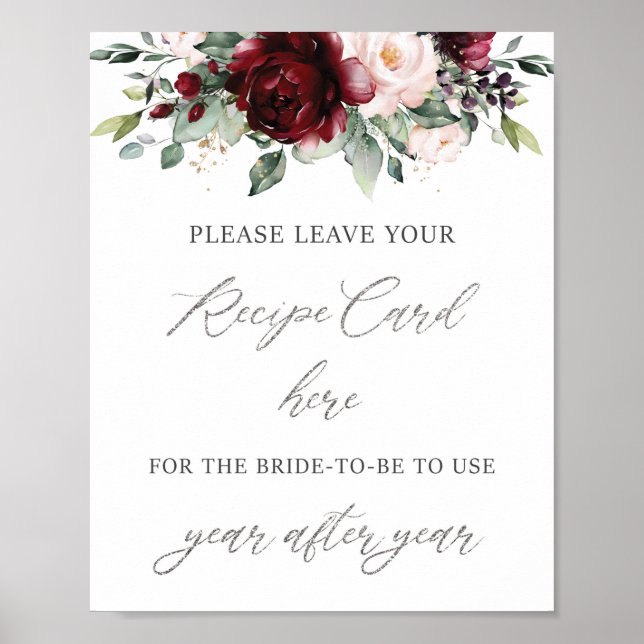Burgundy Blush Pink Floral Bridal Bring a Recipe Poster (Front)