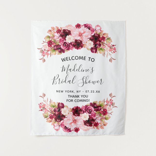 Burgundy & Blush Pink Floral Bridal Shower Welcome Tapestry (Front)