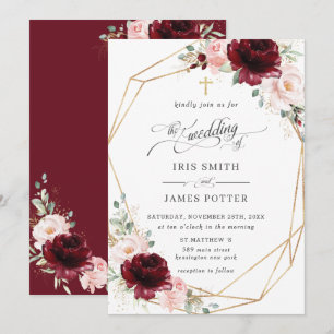Burgundy Blush Pink Floral Church Wedding   Invitation