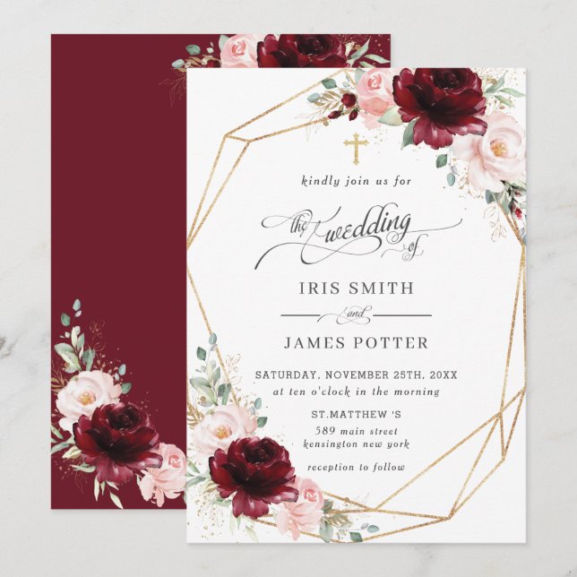 Burgundy Blush Pink Floral Church Wedding   Invitation
