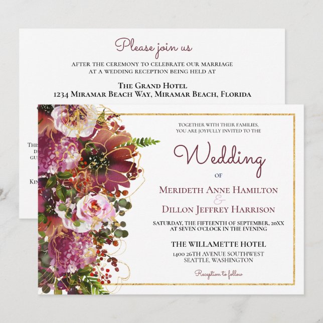 Burgundy Blush Pink Floral Gold All In One Wedding Invitation (Front/Back)