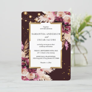 Burgundy Blush Pink Floral & Gold Frame & Lights Invitation