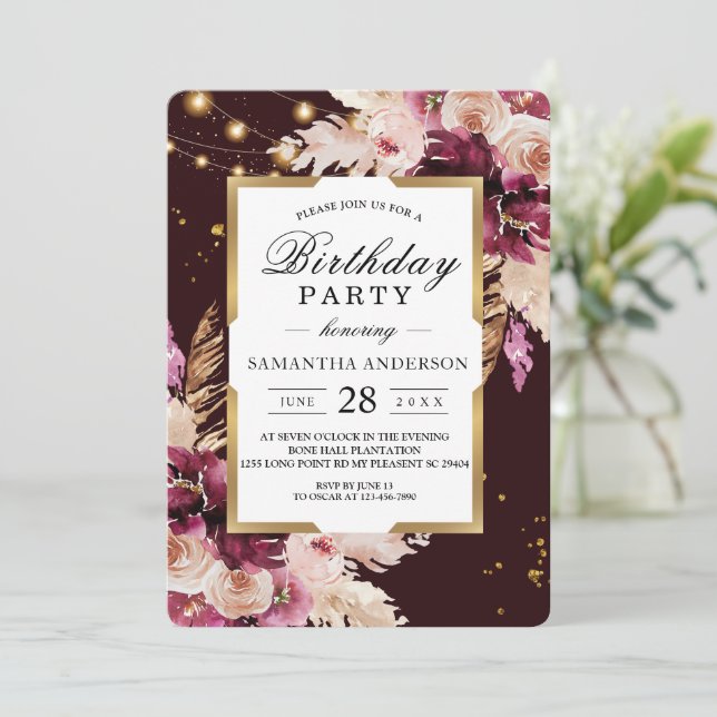 Burgundy Blush Pink Floral & Gold Frame & Lights Invitation (Standing Front)