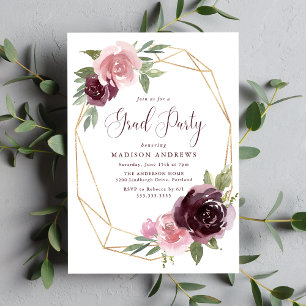 Burgundy & Blush Pink Floral   Graduation Party Invitation