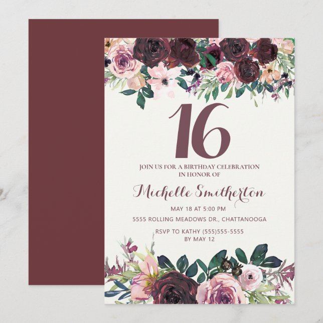Burgundy Blush Pink Floral Leaves 16th Birthday Invitation (Front/Back)