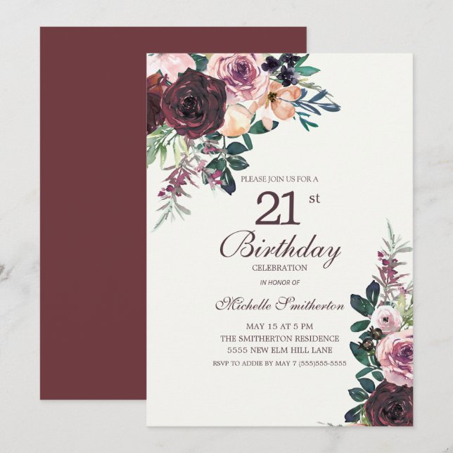 Burgundy Blush Pink Floral Leaves 21st Birthday Invitation (Front/Back)