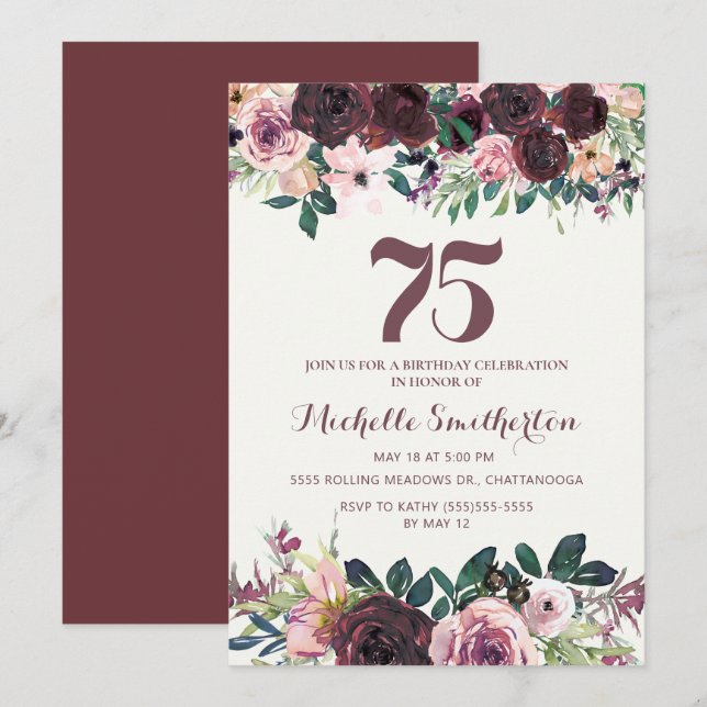 Burgundy Blush Pink Floral Leaves 75th Birthday Invitation (Front/Back)