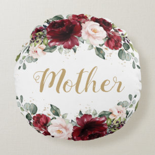 Burgundy Blush Pink Floral Mother Mom Mother's Day Round Pillow