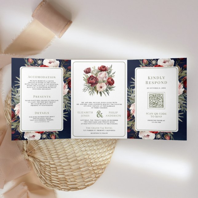 Burgundy Blush Pink Floral Navy All in One Wedding Tri-Fold Invitation (Creator Uploaded)