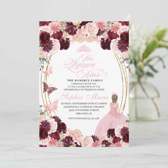 Burgundy Blush Pink Floral Quinceanera Birthday Invitation (Standing Front)
