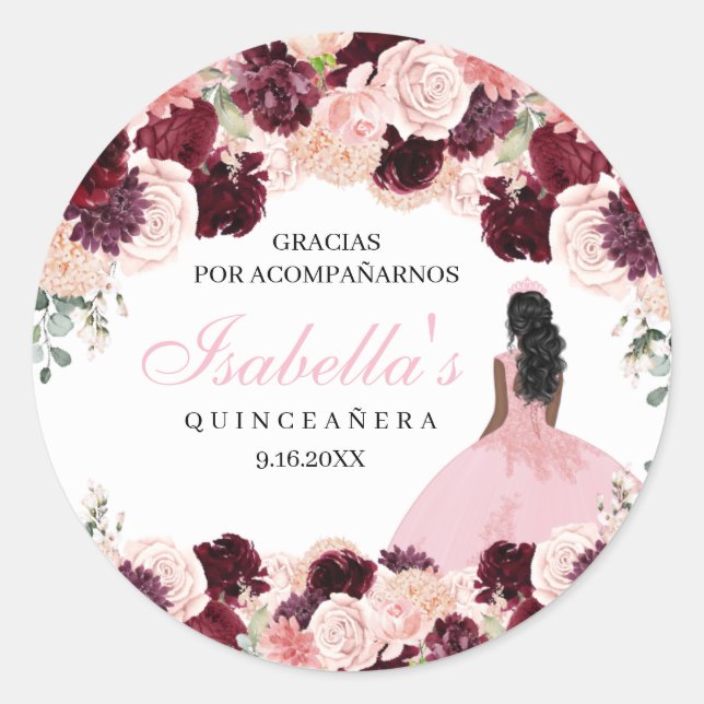 Burgundy Blush Pink Floral Quinceanera Classic Round Sticker (Front)