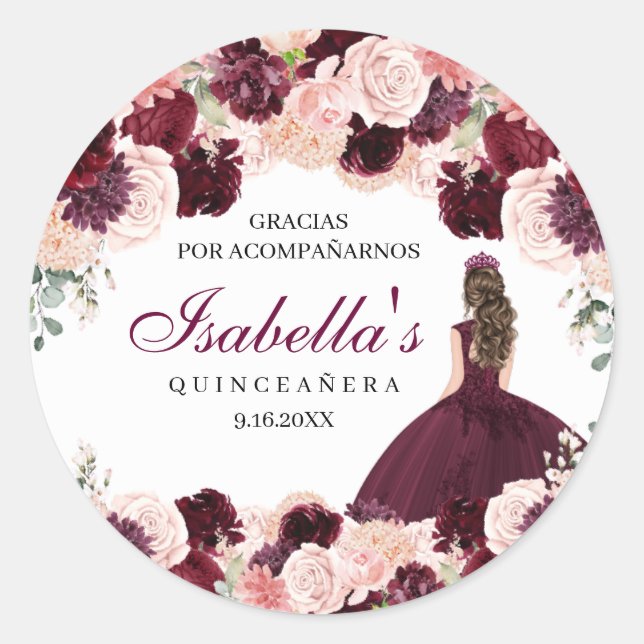 Burgundy Blush Pink Floral Quinceanera Classic Round Sticker (Front)