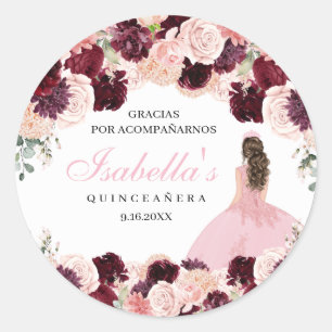 Burgundy Blush Pink Floral Quinceanera Classic Round Sticker