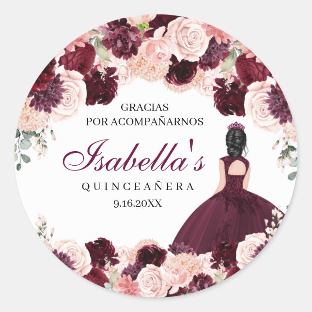 Burgundy Blush Pink Floral Quinceanera Classic Round Sticker (Front)