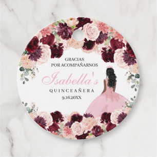 Burgundy Blush Pink Floral Quinceanera Favour Tag