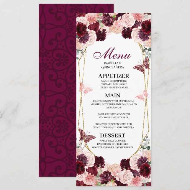 Burgundy Blush Pink Floral Quinceanera Menu Invitation (Front/Back)
