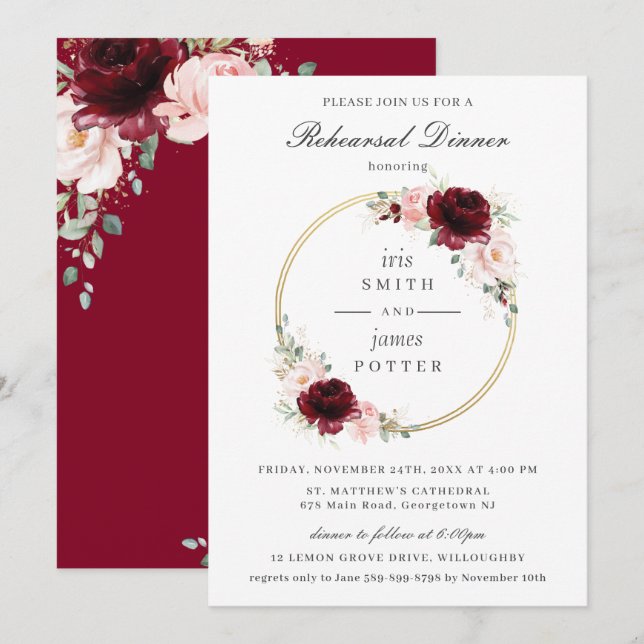 Burgundy Blush Pink Floral Rehearsal Dinner  Invitation (Front/Back)