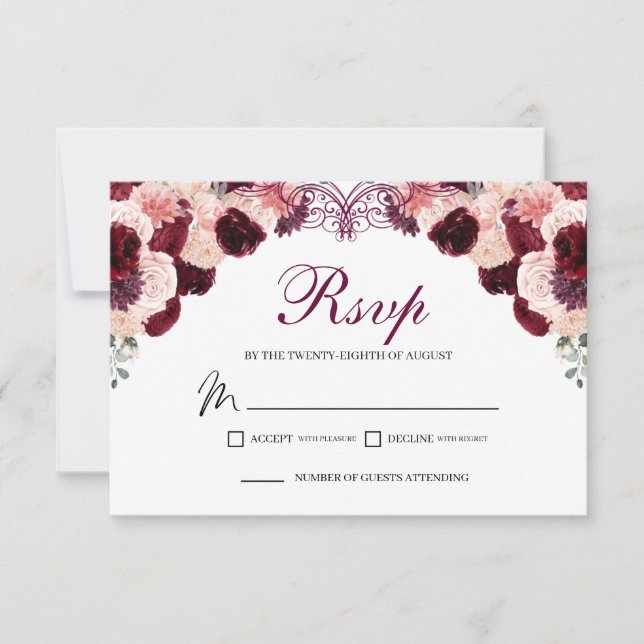 Burgundy Blush Pink Floral RSVP Enclosure Card (Front)