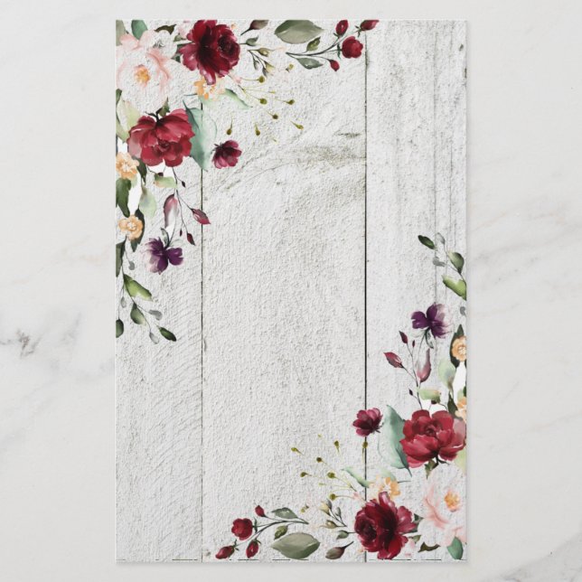 Burgundy Blush Pink Floral Rustic Stationery (Front)