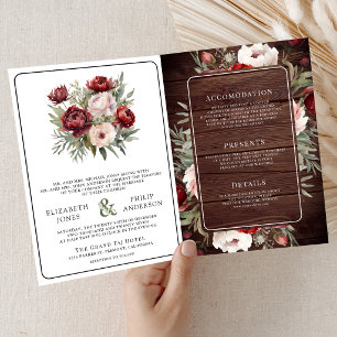 Burgundy Blush Pink Floral Rustic Wood Wedding Invitation