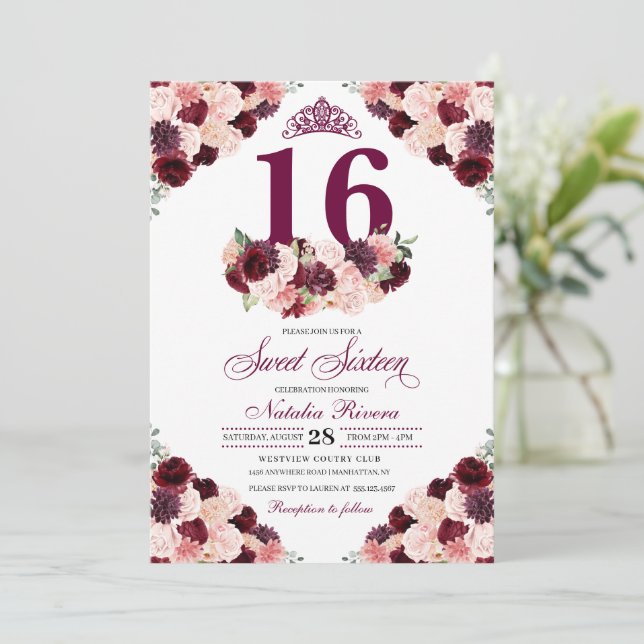 Burgundy Blush Pink Floral Sweet Sixteen Birthday Invitation (Standing Front)
