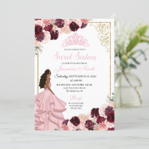 Burgundy Blush Pink Floral Sweet Sixteen Birthday  Invitation
