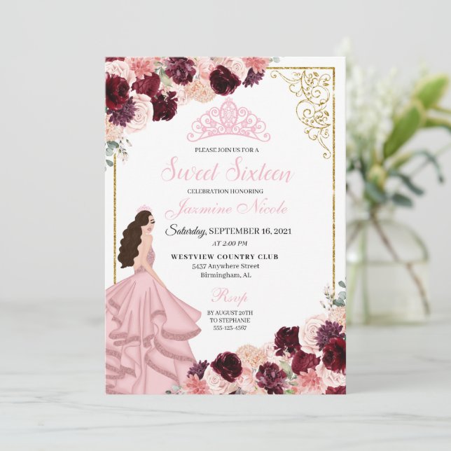 Burgundy Blush Pink Floral Sweet Sixteen Birthday  Invitation (Standing Front)