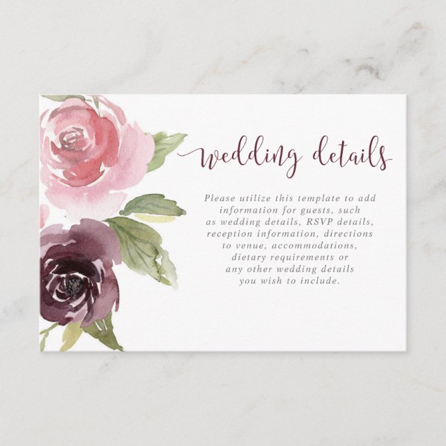 burgundy blush pink floral watercolor details enclosure card (Front)