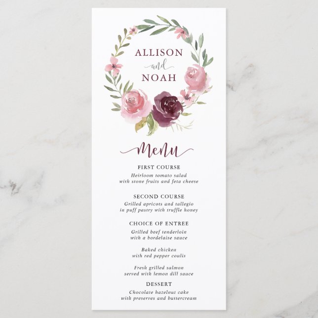 Burgundy blush pink floral watercolor wedding menu (Front)