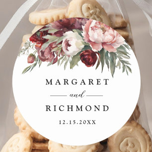 Burgundy Blush Pink Floral Wedding  Classic Round Sticker
