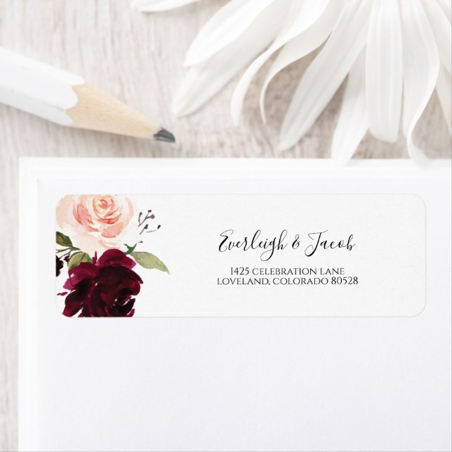 Burgundy Blush Pink Floral Wedding Return Address (Insitu)