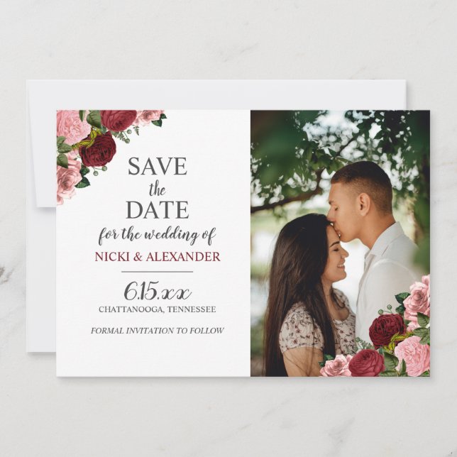 Burgundy Blush Pink Floral Wedding Save Date Invitation (Front)
