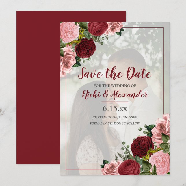 Burgundy Blush Pink Floral Wedding Save Date Photo Invitation (Front/Back)