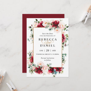 Burgundy & Blush Pink Floral Wedding Save the Date Invitation