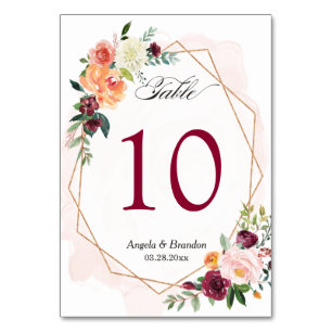 Burgundy Blush Pink Floral Wedding Table Number