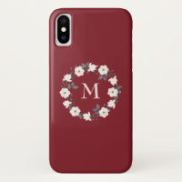 Burgundy Blush Pink Floral Wreath Monogram