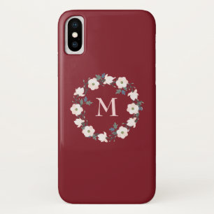 Burgundy Blush Pink Floral Wreath Monogram Case-Mate iPhone Case