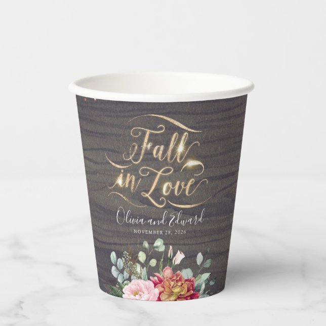 Burgundy Blush Pink Flowers Fall In Love Rustic Paper Cups (Front)