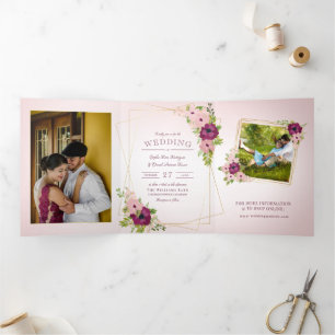 Burgundy & Blush Pink Flowers Geometric Wedding Tri-Fold Invitation